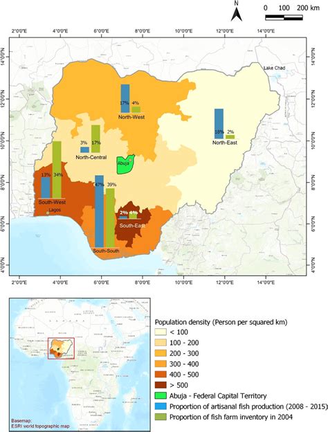 Map of Nigeria showing population density and proportions of artisanal ...