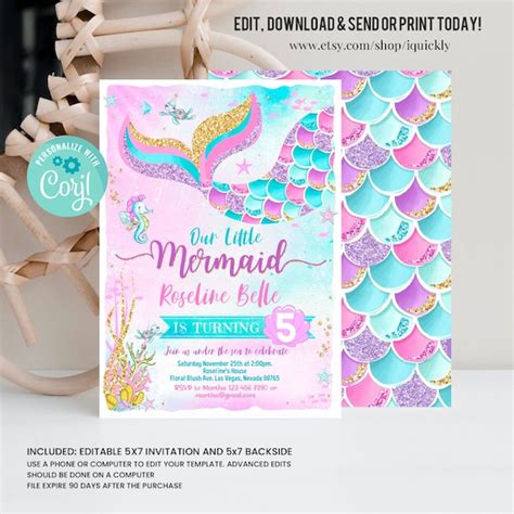 Editable Mermaid Birthday Invitation, Mermaid Invite, Under the Sea Birthday Party, Printable ...