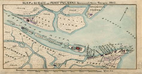 Map of the Siege of Fort Pulaski, 1862 in the American Civil War, period map drawn by Robert K ...