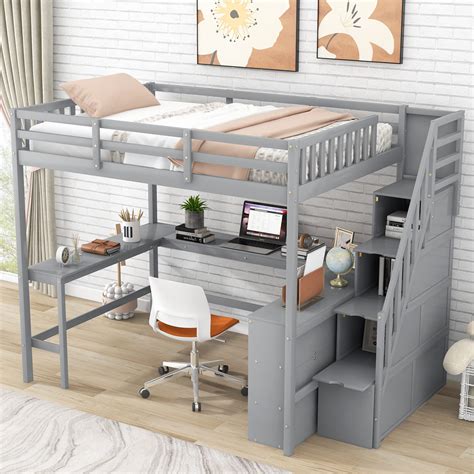 Buy XD Designs Full Size Loft Bed with Built-in L-Shaped Desk and Bookshelves, Solid Wood Loft ...