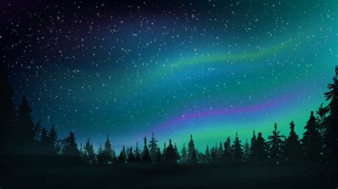 Pine forest, starry sky and Northern lights. Night landscape with beautiful sky. Vector ...