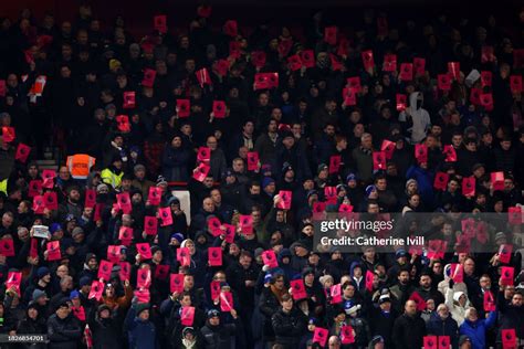 Everton fans hold up pink protest banners during the Premier League ...