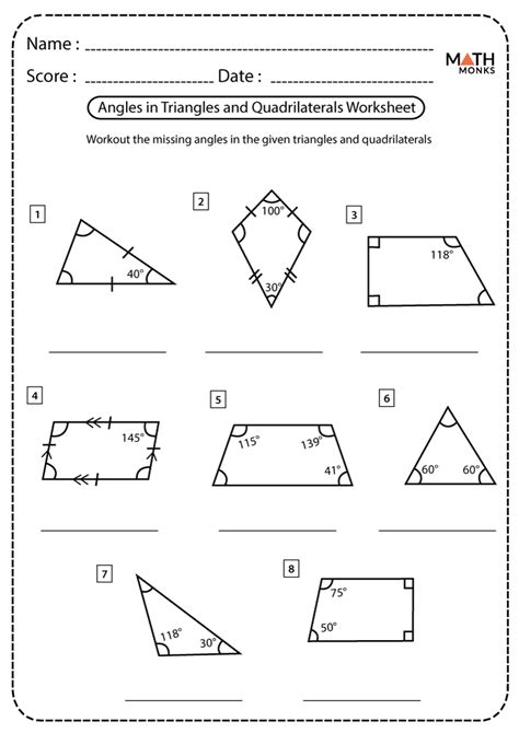 Angles In Triangles In Quadrilaterals Worksheet - Angleworksheets.com