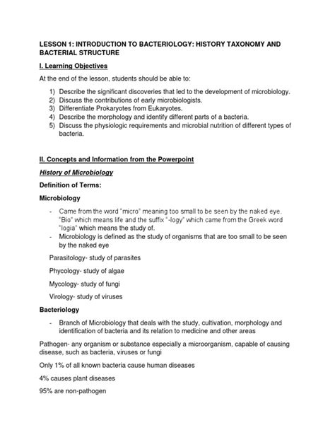 Lesson 1 Introduction To Bacteriology History Taxonomy and Bacterial Structure Module | PDF ...