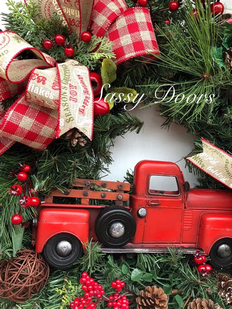 Red Truck Wreath, Christmas Wreath, Rustic Christmas Wreath, Red Truck ...