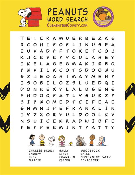 Free Peanuts Characters Word Search | Clementine County