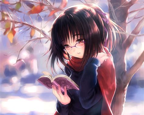 Hintergrundbilder : Blätter, Anime Mädchen, Brille, Bücher, dunkles Haar, rote Augen, Schal ...