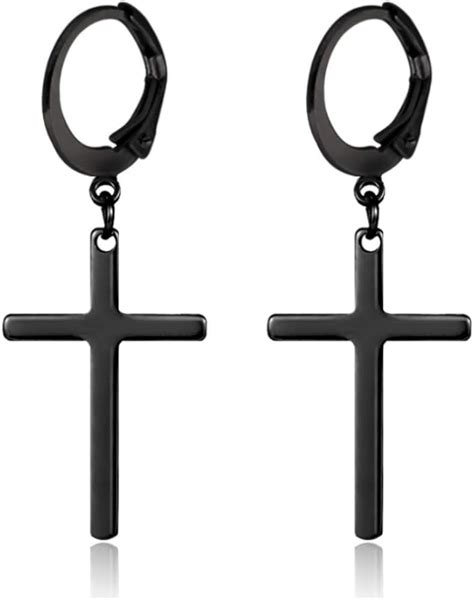 2pcs Cross Dangle Stud Earrings Black Stainless Steel Cross Huggie Hoop Earrings Set for Men ...