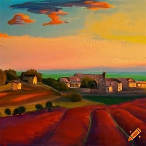 Oil painting of a serene french countryside scene at sunset with a ...