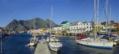 Harbor od fishing village Henningsvaer in Lofoten islands in Norway - The Lofoten islands is on ...