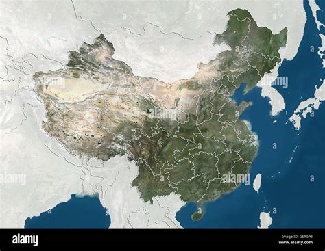 Satellite view of China with boundaries of provinces. This image was ...