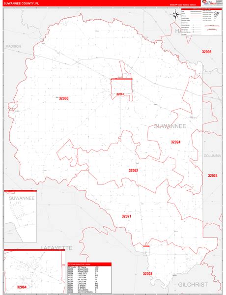 Suwannee County, FL Zip Code Wall Map Red Line Style by MarketMAPS ...