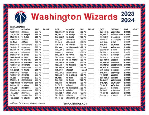 Printable 2023-2024 Washington Wizards Schedule