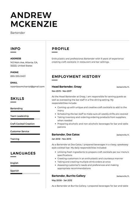 Bartender Resume [+ 12 Samples] | 2019 | Free PDF & Word Examples