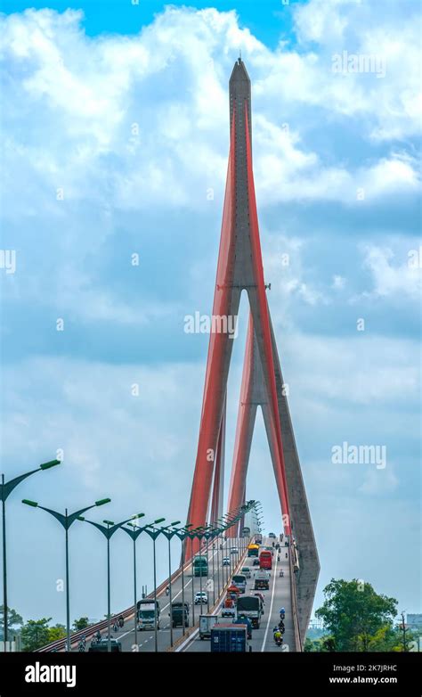 Heavy traffic on Can Tho bridge on summer afternoon . Can Tho bridge is ...