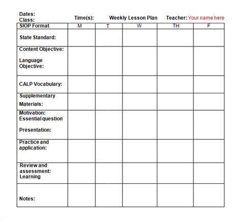 Free Printable Weekly Lesson Plan Template