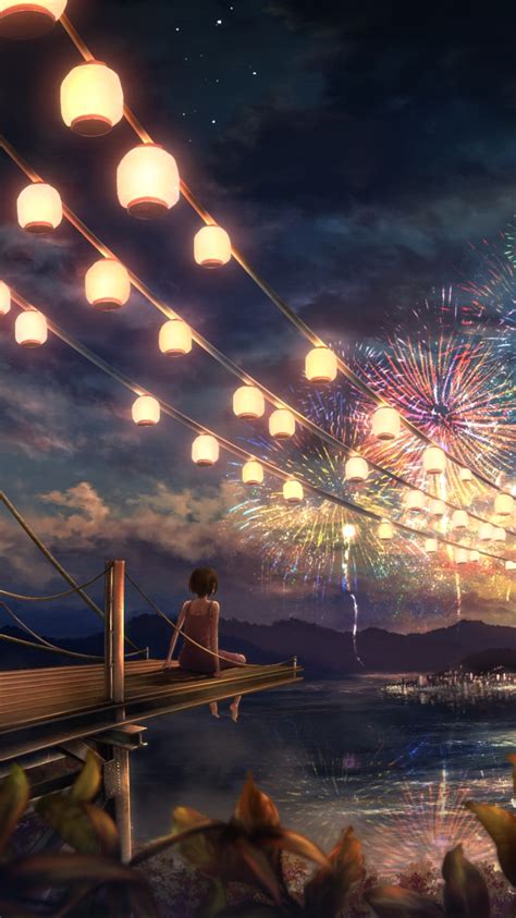 Anime Fireworks, Festival, Sunset, Lantern, 750x1334 Phone HD Wallpaper