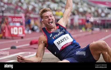 Kevin Mayer, of France, competes in the long jump of the decathlon at the 2020 Summer Olympics ...