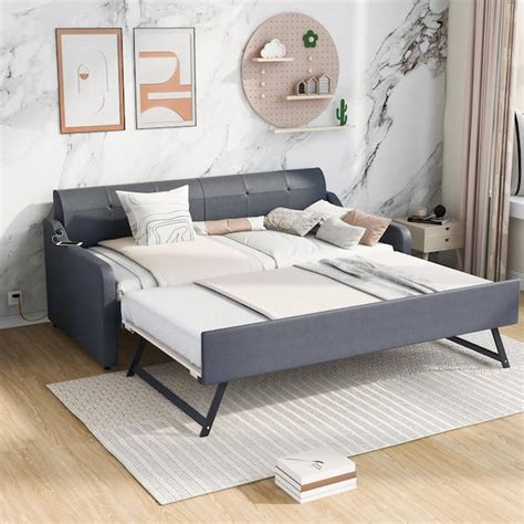 URTR Twin Size Daybed with Pop Up Trundle,Upholstery Daybed Sofa Bed with USB Charging Design ...