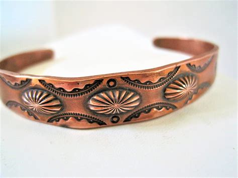 Vintage Copper Bracelet, Native American Cuff, Stamped Symbols, Small Wrist, Southwestern Mid ...