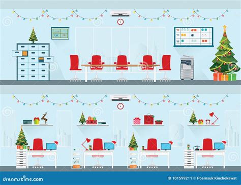 Modern Interior of Christmas Office with Office Desk. Stock Vector ...