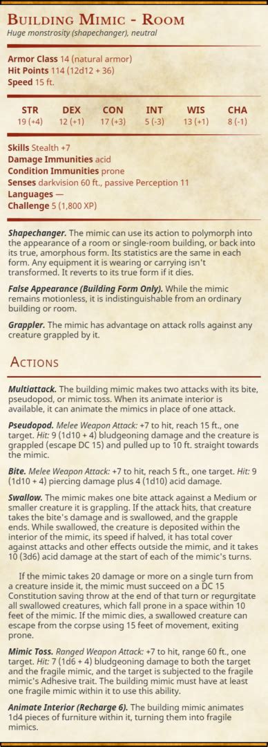 Building Mimic Room 5e Stat Block | 2-Minute Tabletop