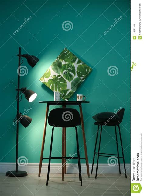 Modern Floor Lamp with Stylish Furniture Near Wall Stock Image - Image of decor, interior: 115273861