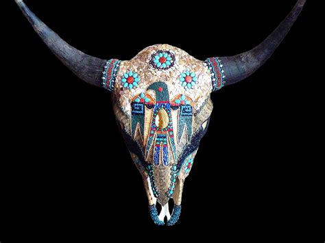 Buffalo Bison Skull Mosaic Rattlesnake Mother of Pearl Western Southwestern Native American ...