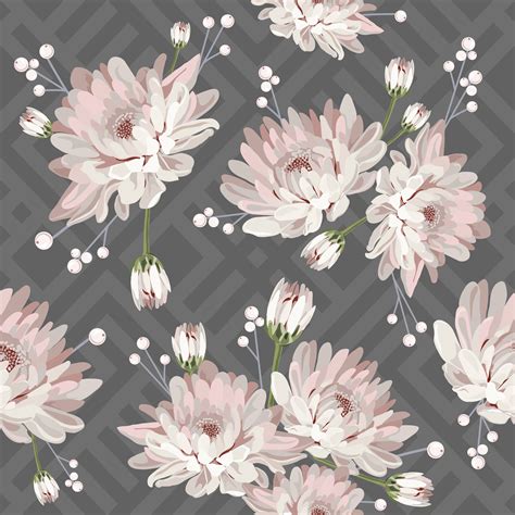 Floral seamless pattern with chrysanthemums on grey geometric background. Vector illustration ...