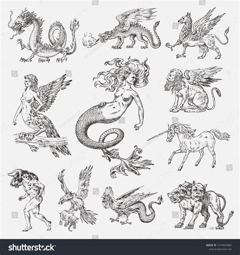 Set Mythological Animals Mermaid Minotaur Unicorn Stock Vector (Royalty ...