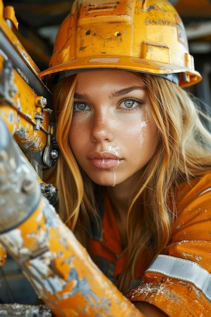 Premium Photo | Young Female Construction Worker in Safety Helmet Covered with Paint Looking ...