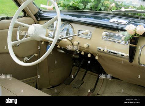 Interior old nostalgic BMW V8 motor car decorated for a wedding Bavaria ...