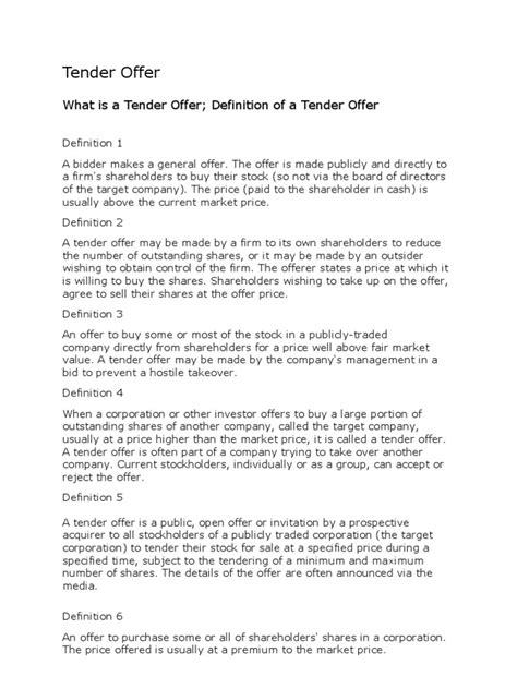 Tender Offer | Takeover | Public Company