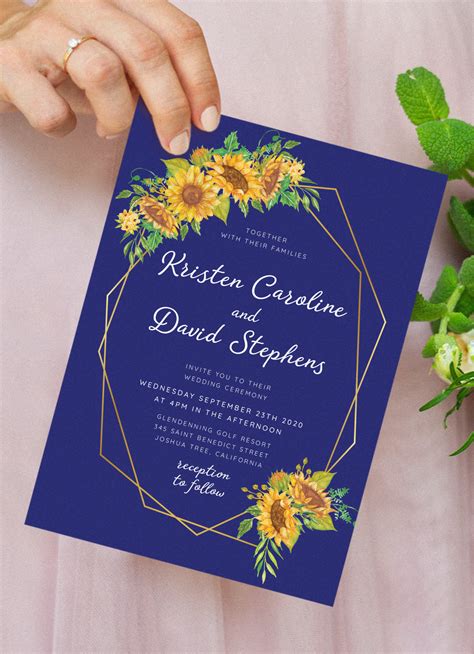 Download Printable Royal Blue Sunflower Wedding Invitation PDF