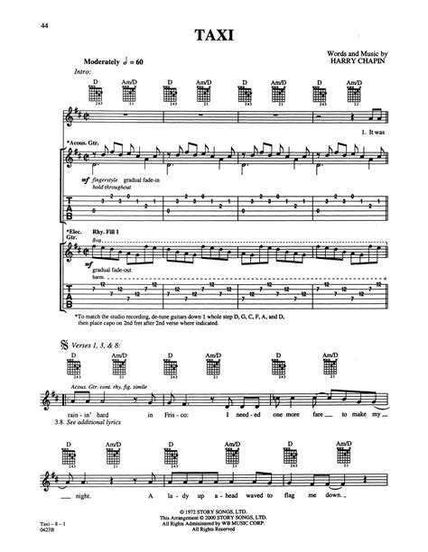 Harry Chapin Taxi Sheet Music Notes, Chords