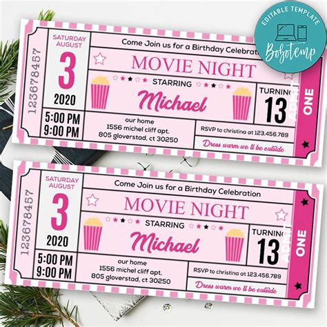 Pink Movie Night Birthday Ticket Invitation Printable DIY | Bobotemp