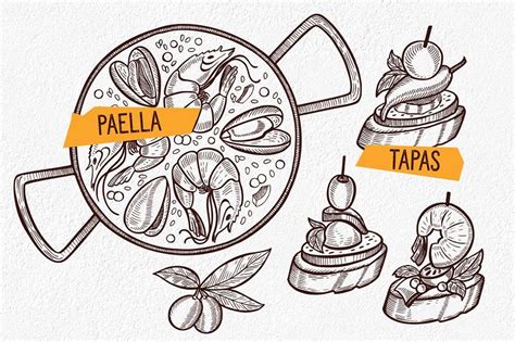 Catalan spanish food illustrations. Hand drawn food illustrations - paella, jamon, calcots ...