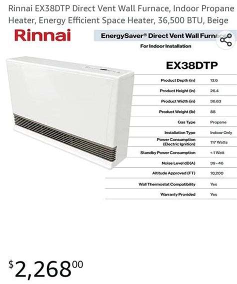 Rinnai EX38DTP Direct Vent Wall Furnace, Indoor Propane Heater, Energy Efficient Space Heater ...