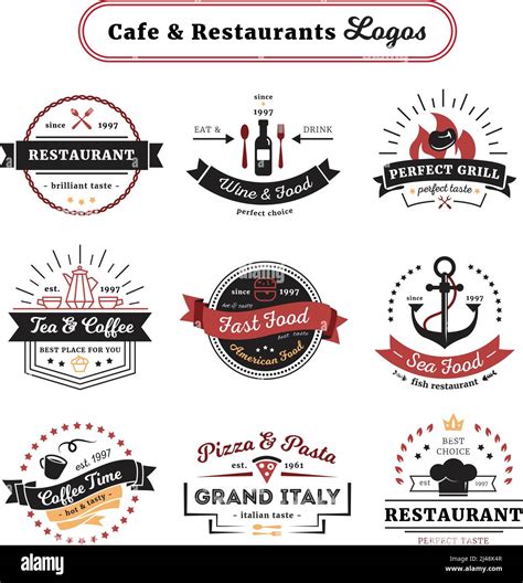 Cafe and restaurant logos vintage design with food and drinks cutlery and crockery isolated ...