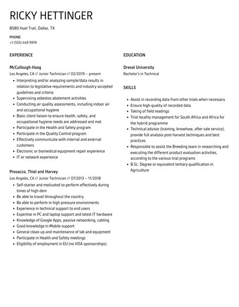 Junior Technician Resume Samples | Velvet Jobs