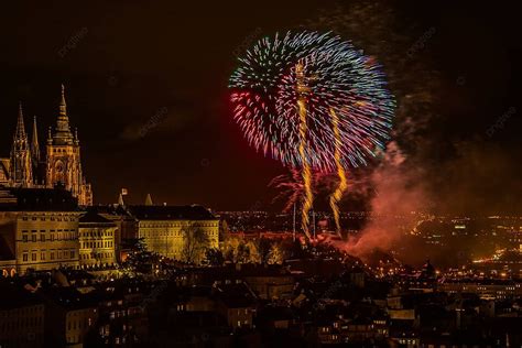 New Year S Fireworks In Prague Color Castle Festive Photo Background ...