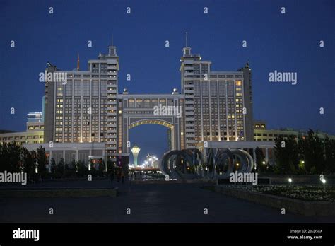 Nightly view of KazMunayGas Headquarters in Astana (Nur-Sultan ...