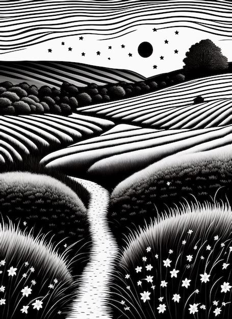 Premium AI Image | A black and white painting of a path through a field with trees and stars.