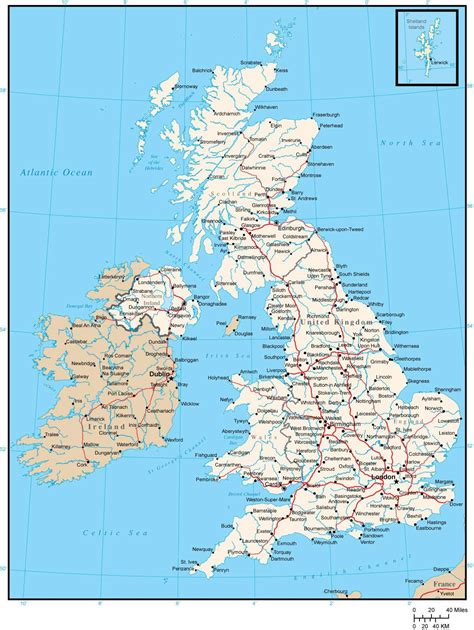 British Islands Map with Major Roads and Cities in Adobe Illustrator