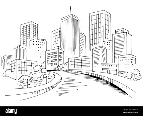 City river graphic black white cityscape skyline sketch illustration ...