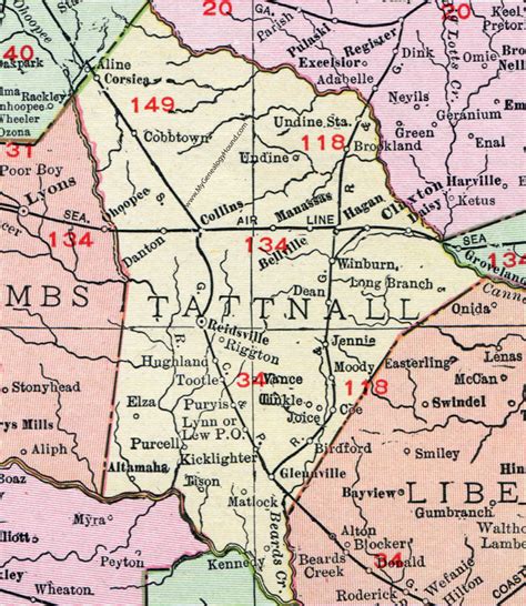 Tattnall County, Georgia, 1911, Map, Reidsville, Claxton, Glennville ...