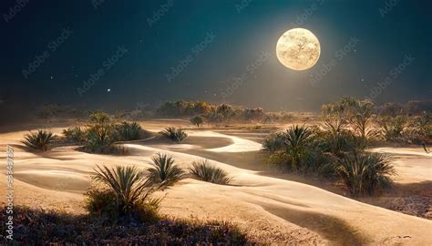 Night desert with an oasis under the starry sky and full moon 3d ...