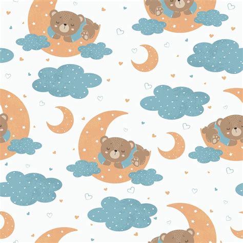 Cute little bear sleeping on a month with clouds. Baby seamless pattern ...