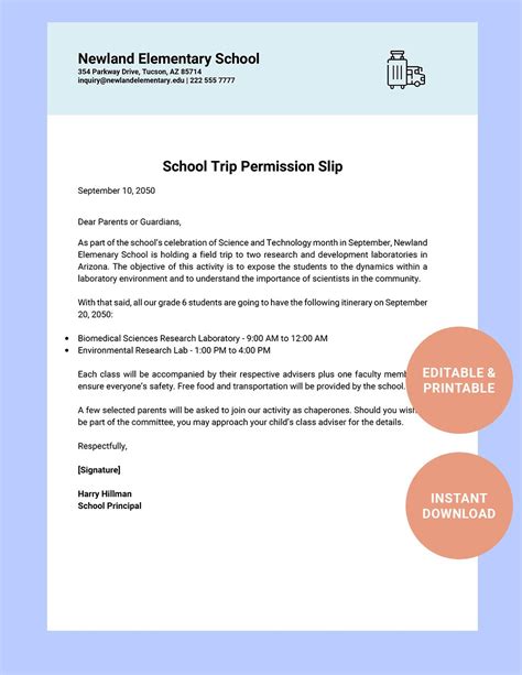 Elementary School Permission Slip Template in Word, Google Docs, Pages ...