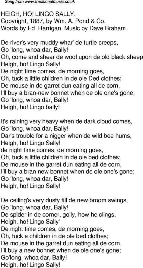 Old Time Song Lyrics for 32 Heigh Ho Lingo Sally